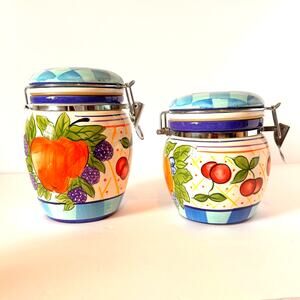 Capriware Michael's Orchard Lot of 2 Multi Color Handpainted Ceramic Canisters